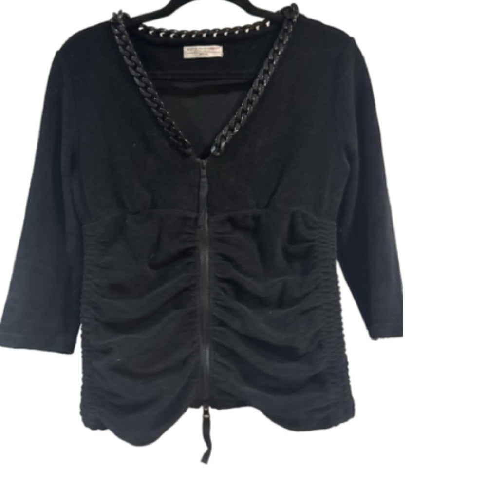 Boston Proper Black zip front French terry jacket with Chain Accent